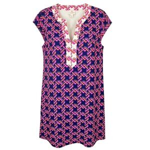 Julie Brown NYC Silk Shift Dress Geometric Print Cap Sleeve V Neck Size 8